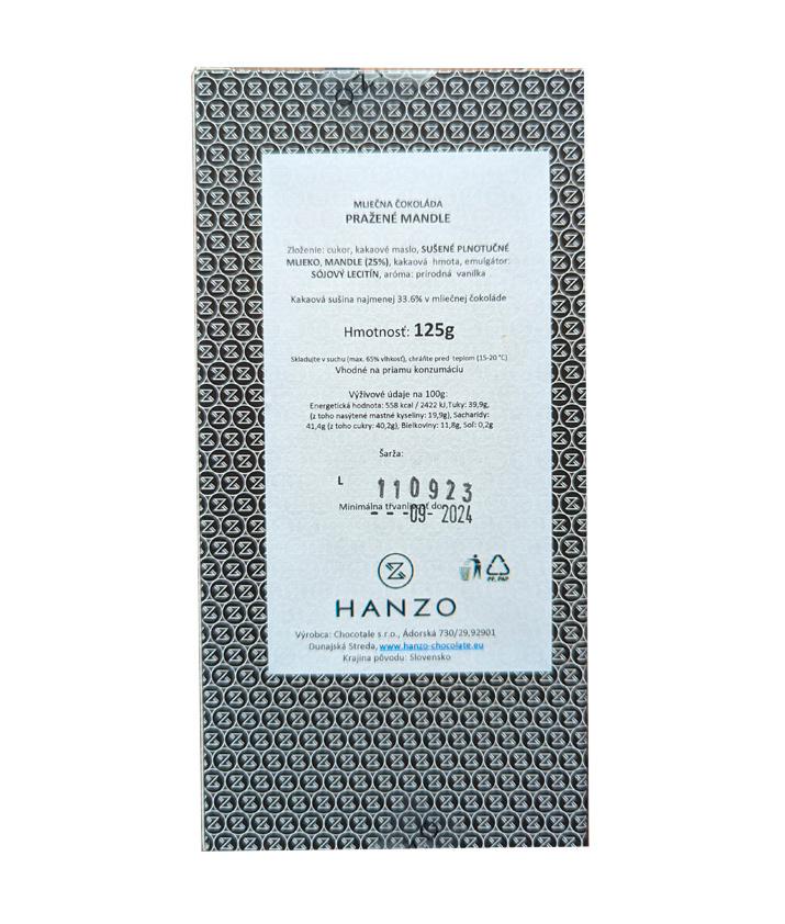 HANZO Mliečna čokoláda Pražené Mandle 125g – Obrázok 2