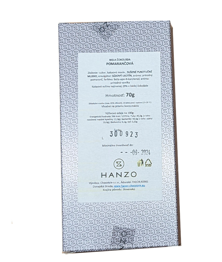HANZO Biela čokoláda Orange 70g – Obrázok 2